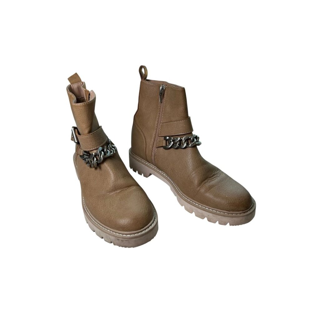 Dolce Vita Paulie Chain and Buckle Tan Biker Boots Zip Sides Womens Sz 7.5